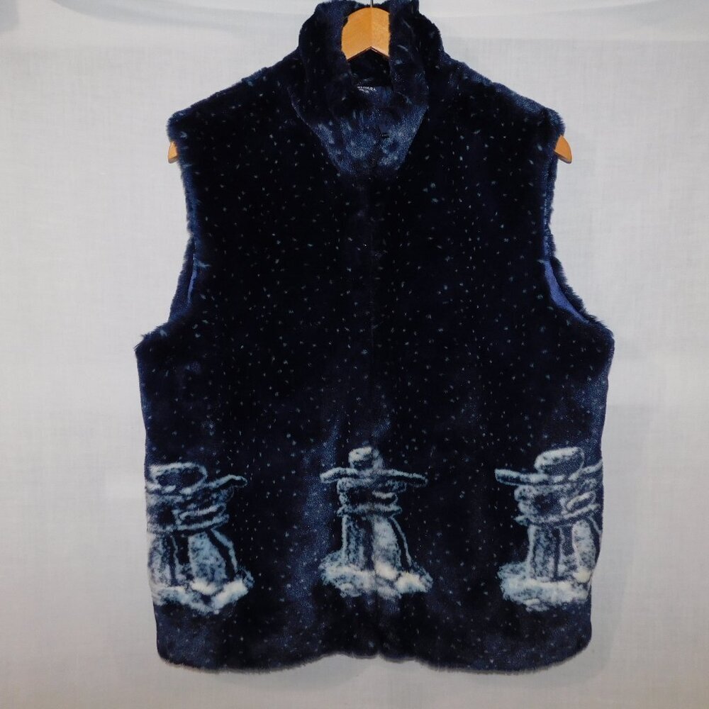 Blue white plush Fleece Inuit Inukshuk Adult m Full Zip Vest Northern Lifestyles
